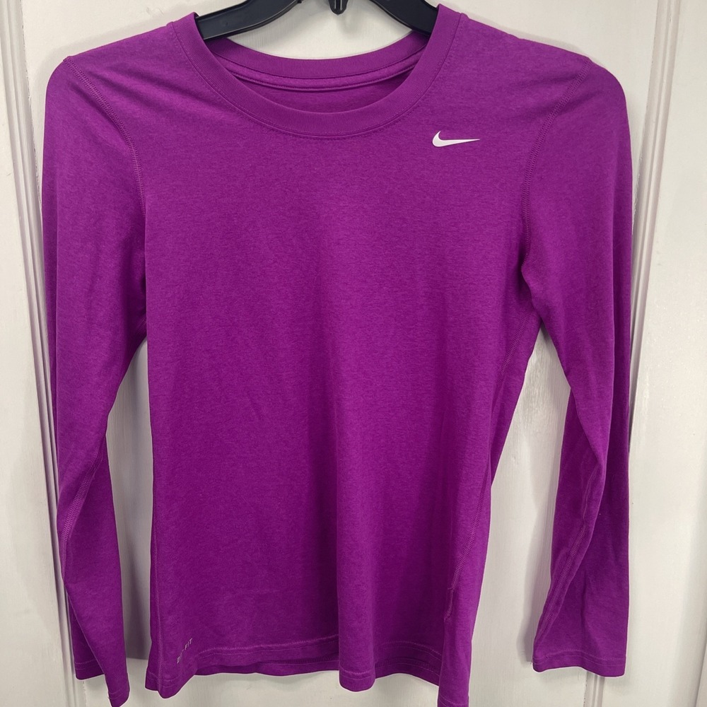 Nike Dri-Fit Long Sleeve T-shirt Womens Small Purple Regular Crew Neck Logo